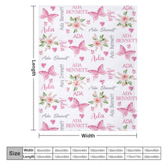 Aperturee - Aperturee Repeated Pink Butterfly Floral Custom Name Blanket