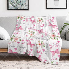 Aperturee - Aperturee Repeated Pink Butterfly Floral Custom Name Blanket