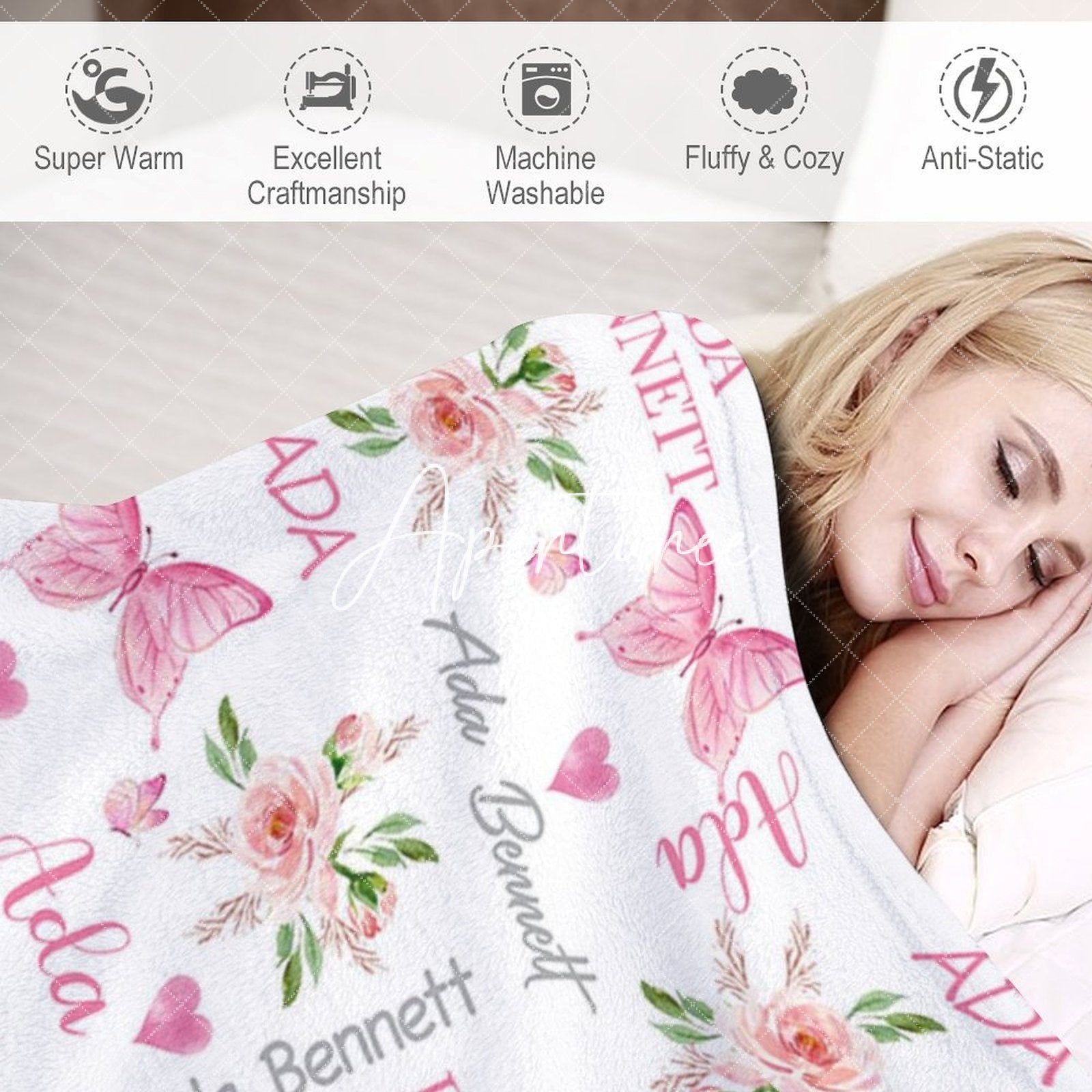 Aperturee - Aperturee Repeated Pink Butterfly Floral Custom Name Blanket