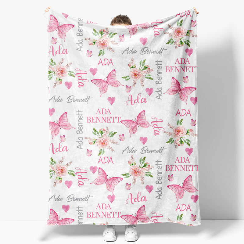 Aperturee - Aperturee Repeated Pink Butterfly Floral Custom Name Blanket