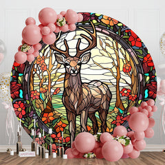 Aperturee - Aperturee Retro Abstract Red Floral Deer Round Party Backdrop