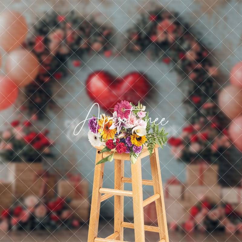 Aperturee - Aperturee Retro Arch Floral Balloon Valentines Day Backdrop