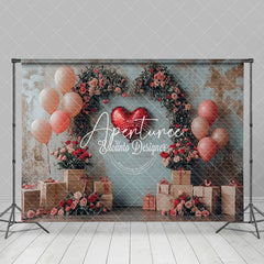 Aperturee - Aperturee Retro Arch Floral Balloon Valentines Day Backdrop