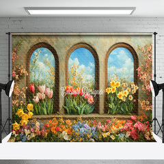 Aperturee - Aperturee Retro Arch Wall Colorful Floral Spring Backdrop