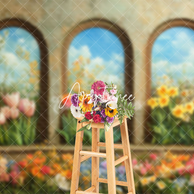 Aperturee - Aperturee Retro Arch Wall Colorful Floral Spring Backdrop