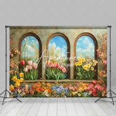 Aperturee - Aperturee Retro Arch Wall Colorful Floral Spring Backdrop