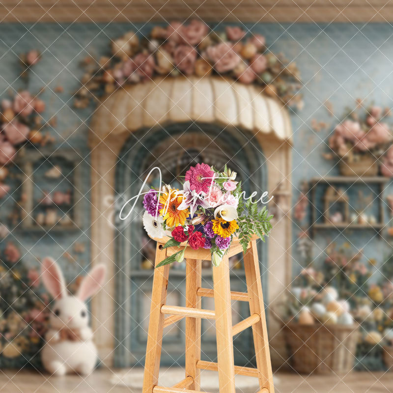 Aperturee - Aperturee Retro Beige Blue Egg Boutique Floral Easter Backdrop