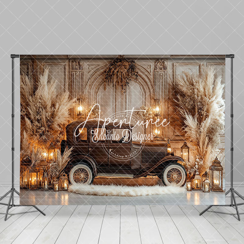 Aperturee - Aperturee Retro Beige Wall Brown Truck Boho Wedding Backdrop