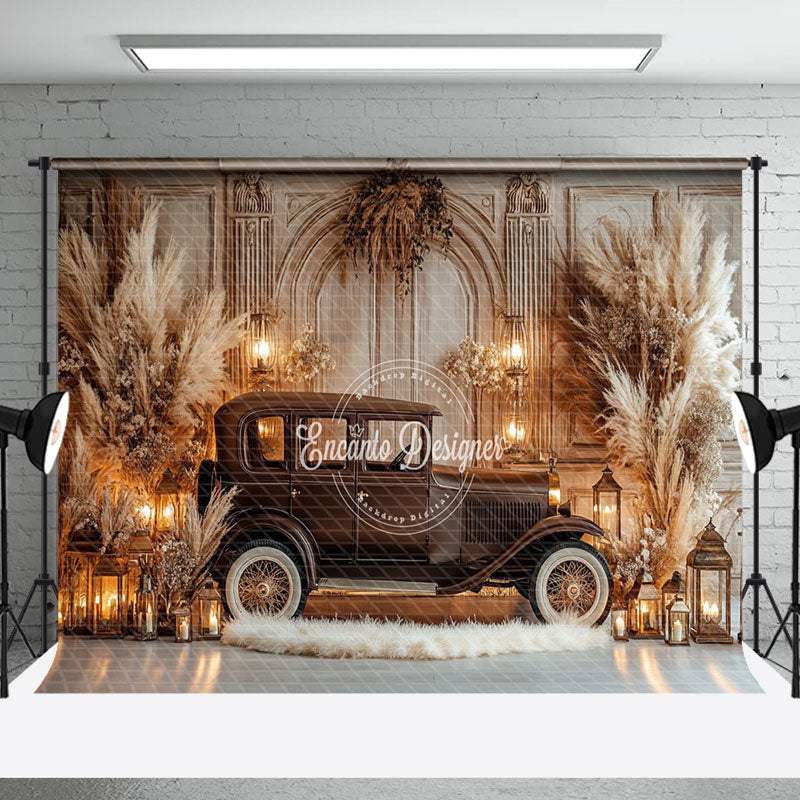 Aperturee - Aperturee Retro Beige Wall Brown Truck Boho Wedding Backdrop