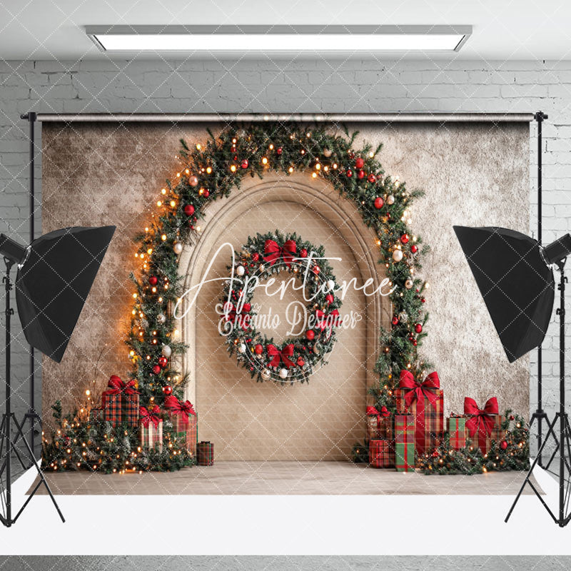 Aperturee - Aperturee Retro Beige Wall Wreath Gifts Christmas Backdrop