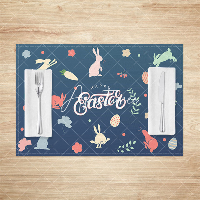 Aperturee - Aperturee Retro Blue Bunny Plant Easter Set Of 4 Placemats