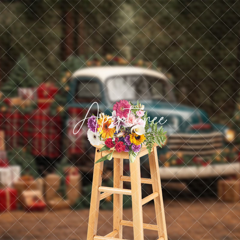 Aperturee - Aperturee Retro Blue Car Forest Trees Gifts Christmas Backdrop