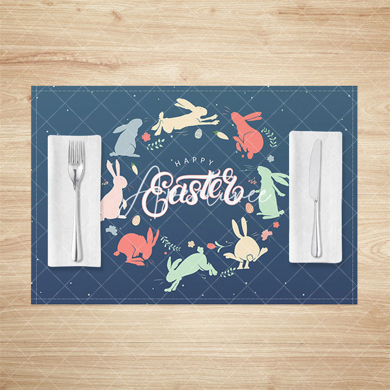 Aperturee - Aperturee Retro Blue Color Bunny Easter Set Of 4 Placemats