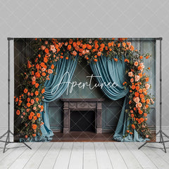 Aperturee - Aperturee Retro Blue Curtain Plant Floral Wedding Backdrop