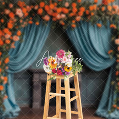 Aperturee - Aperturee Retro Blue Curtain Plant Floral Wedding Backdrop