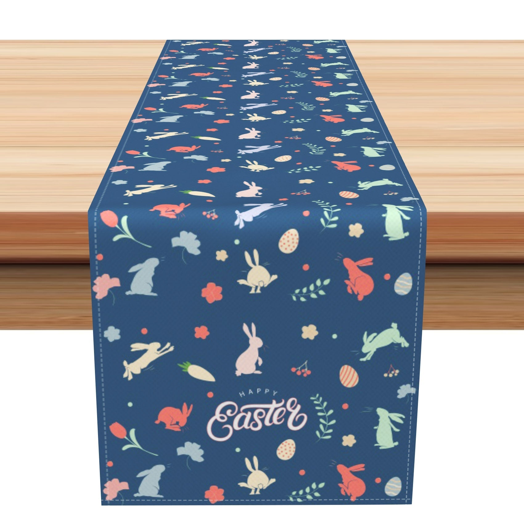 Aperturee - Aperturee Retro Blue Dense Bunny Floral Easter Table Runner