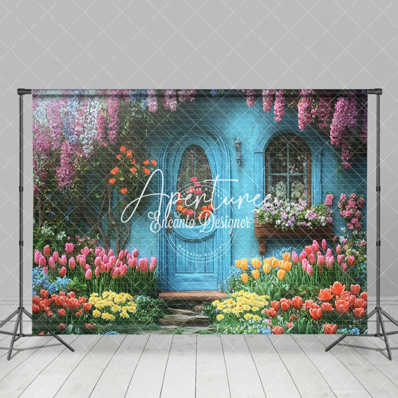 Aperturee - Aperturee Retro Blue Garden Cabin Floral Spring Photo Backdrop