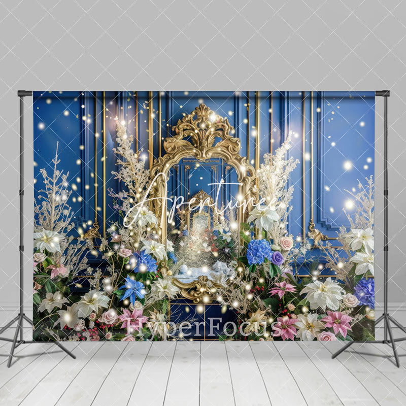 Aperturee - Aperturee Retro Blue Gold Wall Colorful Floral Photo Backdrop