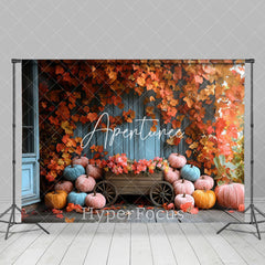 Aperturee - Aperturee Retro Blue Porch Maple Leaves Autumn Photo Backdrop