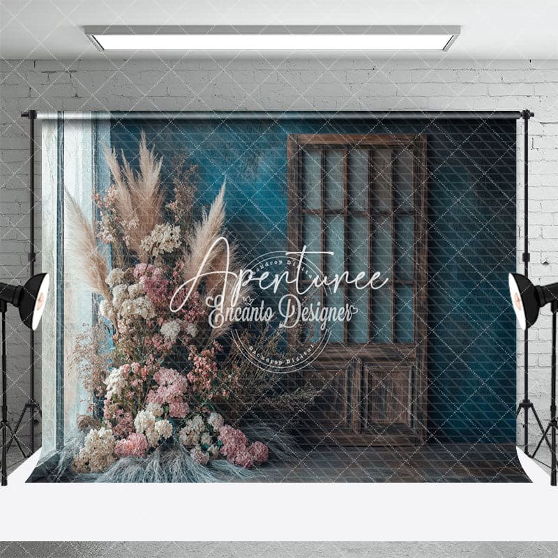 Aperturee - Aperturee Retro Blue Wall Door Boho Floral Wedding Backdrop