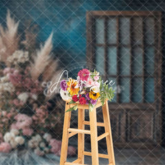 Aperturee - Aperturee Retro Blue Wall Door Boho Floral Wedding Backdrop