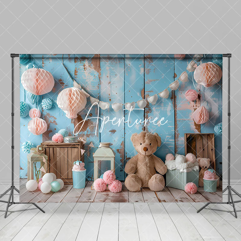 Aperturee - Aperturee Retro Blue Wall Paper Ball Bear Cake Smash Backdrop