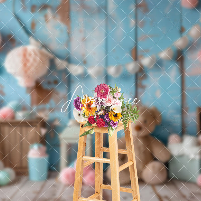 Aperturee - Aperturee Retro Blue Wall Paper Ball Bear Cake Smash Backdrop