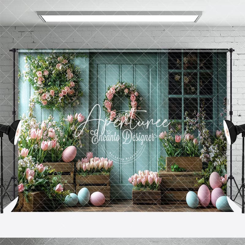 Aperturee - Aperturee Retro Blue Wood Floral Eggs Easter Spring Backdrop