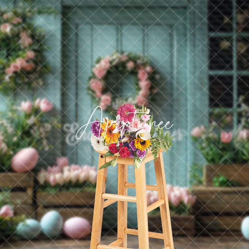 Aperturee - Aperturee Retro Blue Wood Floral Eggs Easter Spring Backdrop