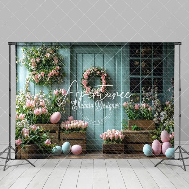 Aperturee - Aperturee Retro Blue Wood Floral Eggs Easter Spring Backdrop