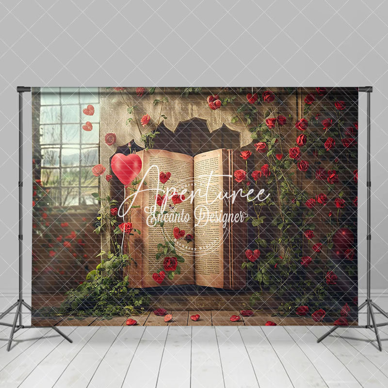 Aperturee - Aperturee Retro Book Rose Floral Love Valentines Day Backdrop