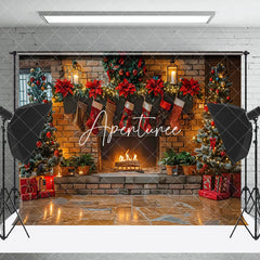 Aperturee - Aperturee Retro Brick Fireplace Candlelight Christmas Backdrop