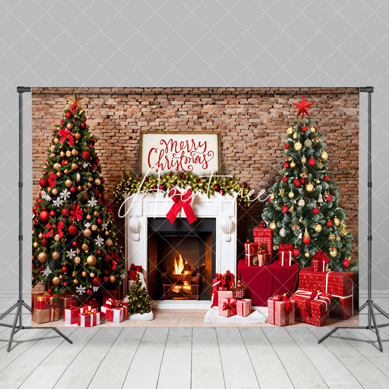 Aperturee - Aperturee Retro Brick Wall Fireplace Merry Christmas Backdrop