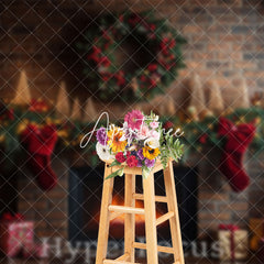 Aperturee - Aperturee Retro Brick Wall Fireplace Wreath Christmas Backdrop