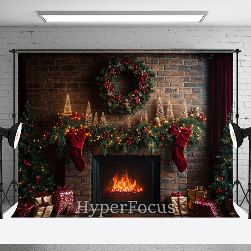 Aperturee - Aperturee Retro Brick Wall Fireplace Wreath Christmas Backdrop