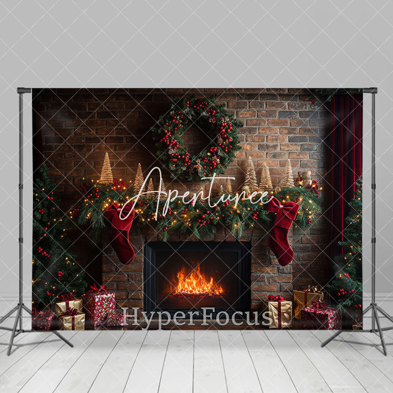 Aperturee - Aperturee Retro Brick Wall Fireplace Wreath Christmas Backdrop