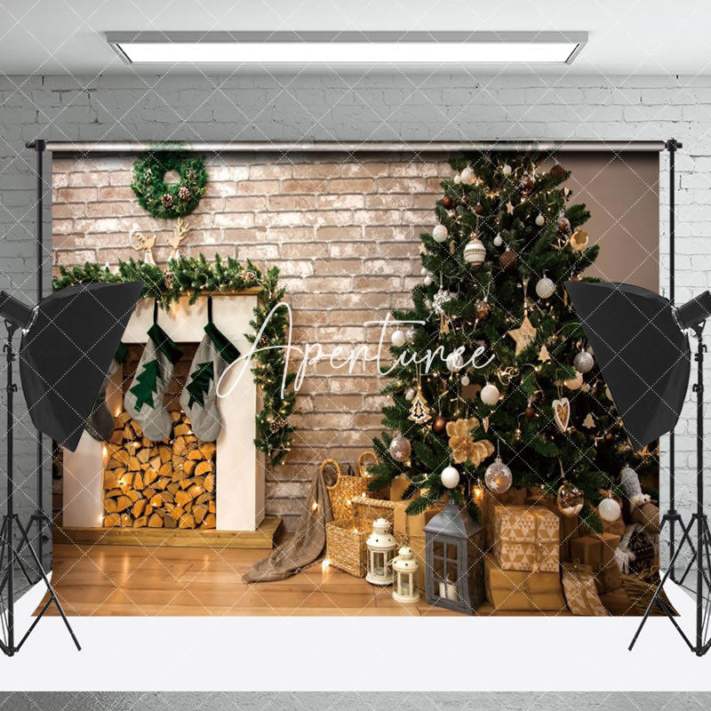 Aperturee - Aperturee Retro Brick Wall Tree Fireplace Christmas Backdrop