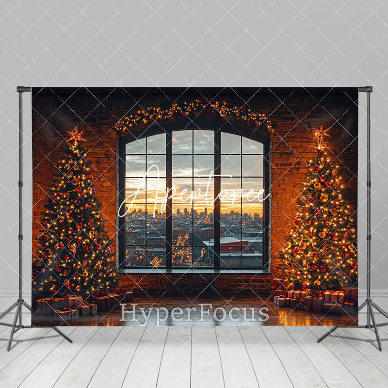 Aperturee - Aperturee Retro Brick Wall Window Xmas Tree Christmas Backdrop