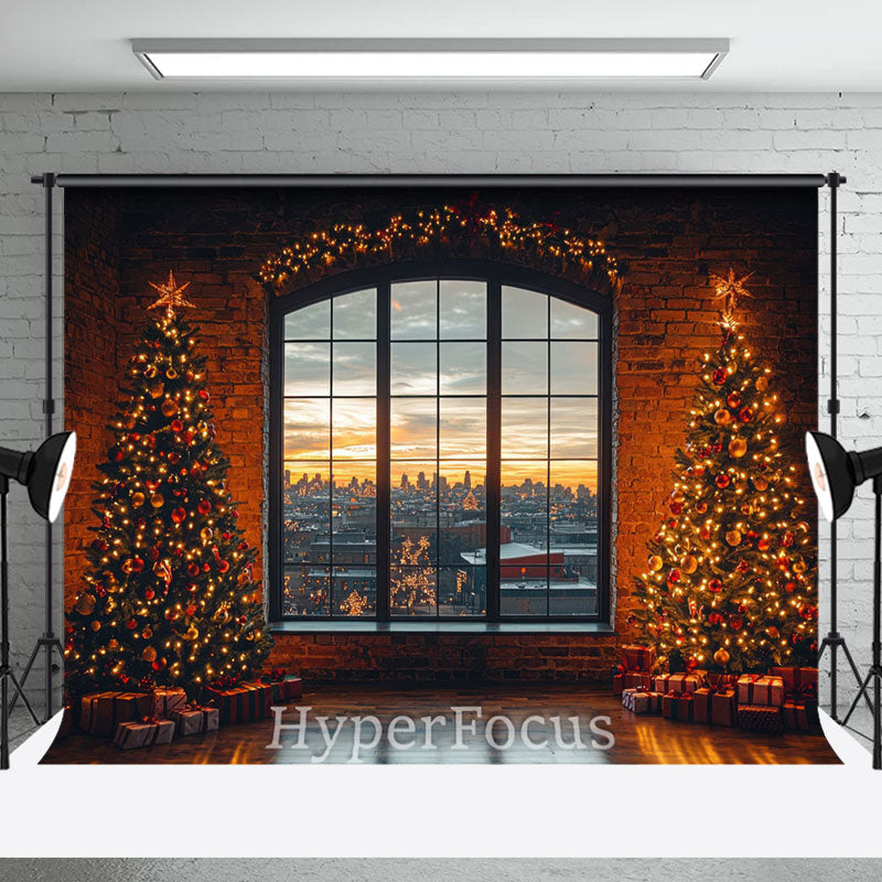 Aperturee - Aperturee Retro Brick Wall Window Xmas Tree Christmas Backdrop