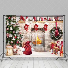 Aperturee - Aperturee Retro Bricks Fireplace Christmas Vibe Room Backdrop