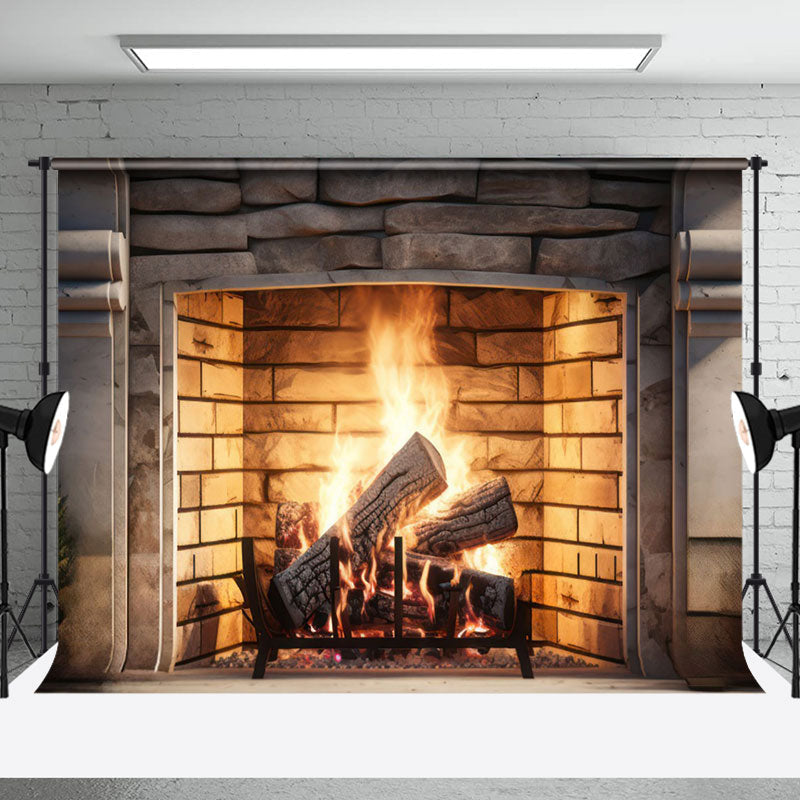 Aperturee - Aperturee Retro Bricks Fireplace Warm Vibe Christmas Backdrop