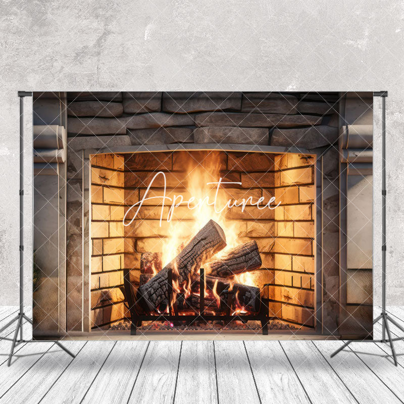 Aperturee - Aperturee Retro Bricks Fireplace Warm Vibe Christmas Backdrop