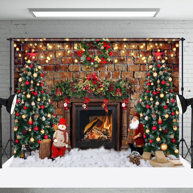 Aperturee - Aperturee Retro Bricks Wall Fireplace Trees Christmas Backdrop