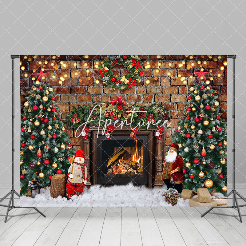 Aperturee - Aperturee Retro Bricks Wall Fireplace Trees Christmas Backdrop