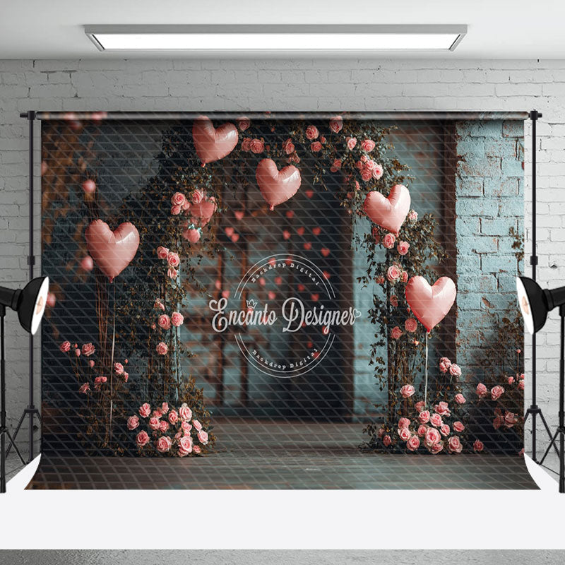 Aperturee - Aperturee Retro Bricks Wall Floral Arch Pink Balloon Backdrop