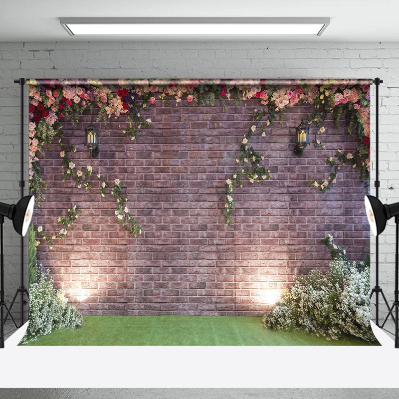 Aperturee - Aperturee Retro Bricks Wall Floral Greenery Spring Backdrop