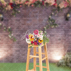 Aperturee - Aperturee Retro Bricks Wall Floral Greenery Spring Backdrop