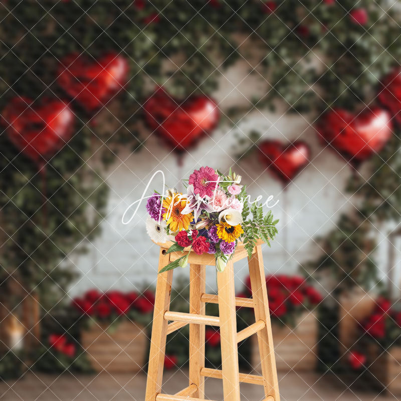 Aperturee - Aperturee Retro Bricks Wall Plant Rose Valentines Day Backdrop