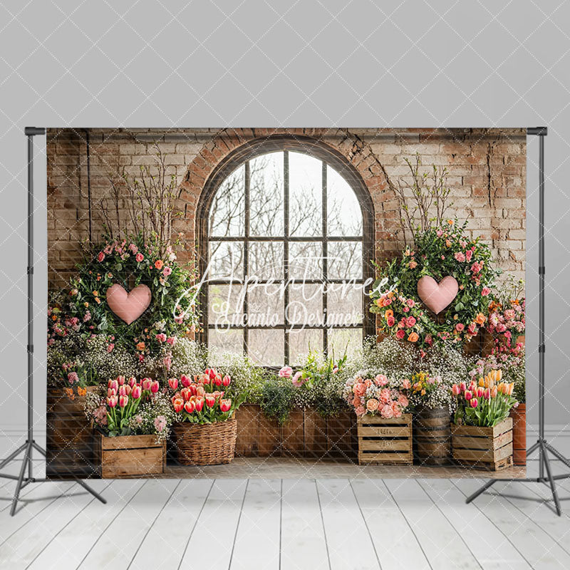 Aperturee - Aperturee Retro Bricks Wall Window Scene Floral Plant Backdrop