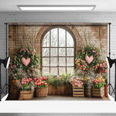 Aperturee - Aperturee Retro Bricks Wall Window Scene Floral Plant Backdrop